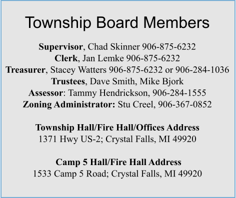 Township Board Members  Supervisor, Chad Skinner 906-875-6232 Clerk, Jan Lemke 906-875-6232 Treasurer, Stacey Watters 906-875-6232 or 906-284-1036 Trustees, Dave Smith, Mike Bjork Assessor: Tammy Hendrickson, 906-284-1555 Zoning Administrator: Stu Creel, 906-367-0852  Township Hall/Fire Hall/Offices Address  1371 Hwy US-2; Crystal Falls, MI 49920   Camp 5 Hall/Fire Hall Address 1533 Camp 5 Road; Crystal Falls, MI 49920