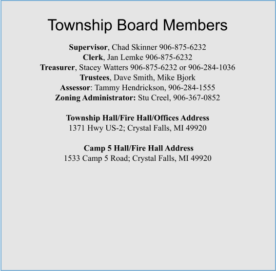 Township Board Members  Supervisor, Chad Skinner 906-875-6232 Clerk, Jan Lemke 906-875-6232 Treasurer, Stacey Watters 906-875-6232 or 906-284-1036 Trustees, Dave Smith, Mike Bjork Assessor: Tammy Hendrickson, 906-284-1555 Zoning Administrator: Stu Creel, 906-367-0852  Township Hall/Fire Hall/Offices Address  1371 Hwy US-2; Crystal Falls, MI 49920   Camp 5 Hall/Fire Hall Address 1533 Camp 5 Road; Crystal Falls, MI 49920